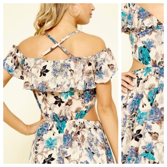 🦋MAKE AN OFFER!🦋 Beige And Teal Floral Dress - Picture 4 of 5